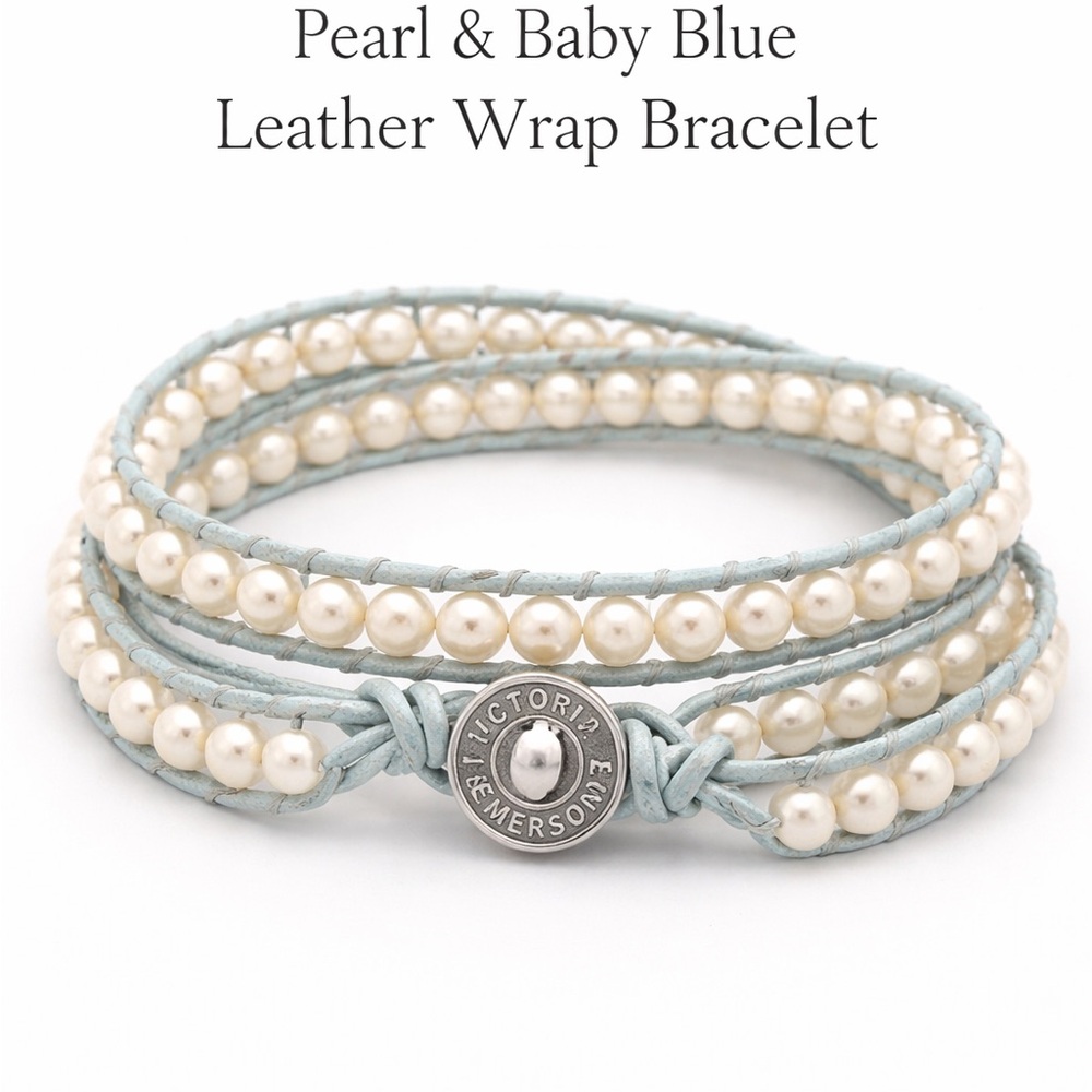 Victoria Emerson Ivory Pearl and Light Blue Leather Bracelet
